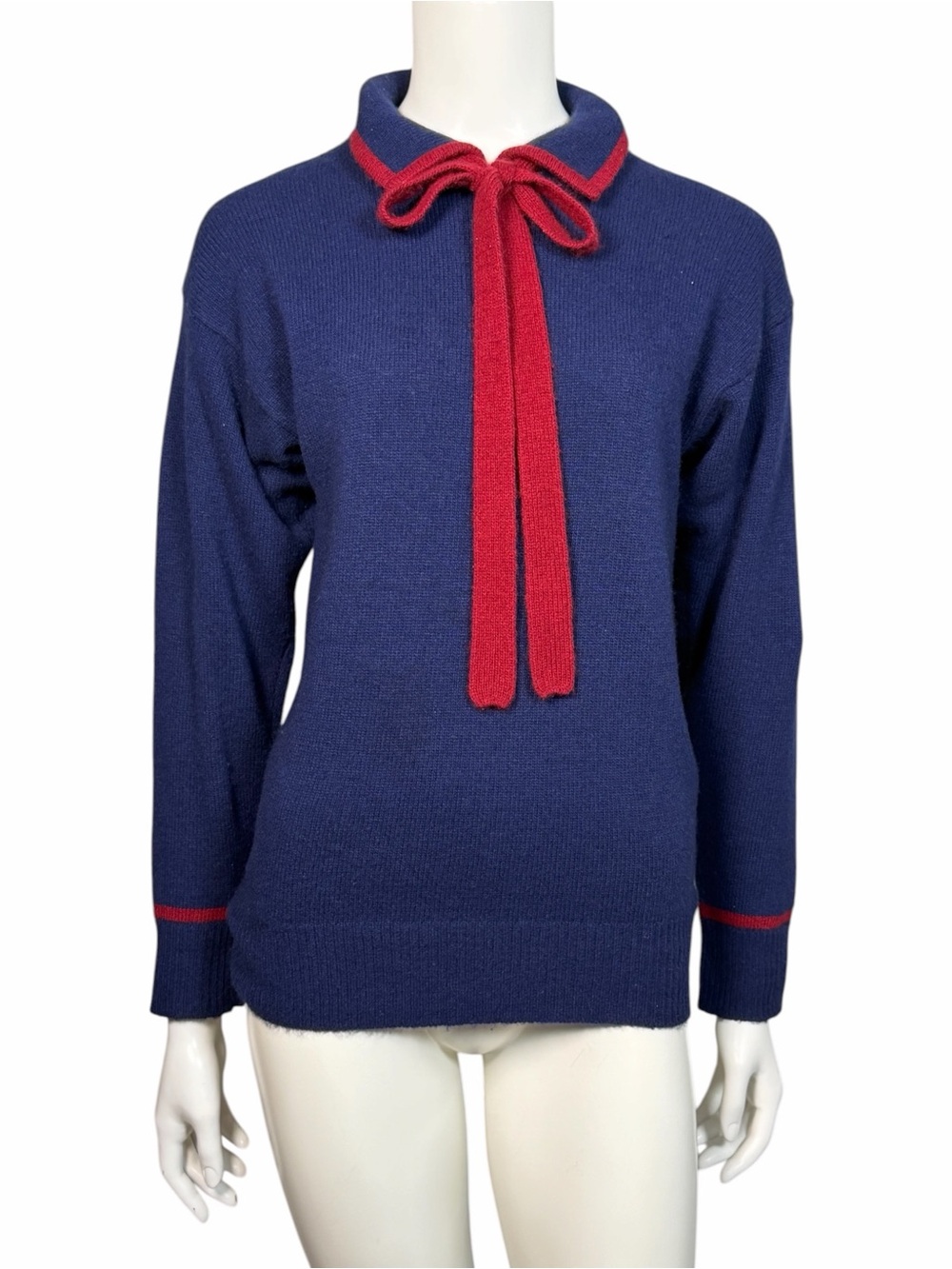Vintage Neiman Marcus Sweater Navy Red Bow Collar Knit Soft Luxury S
